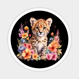 A baby cheetah decorated with beautiful watercolor flowers Magnet